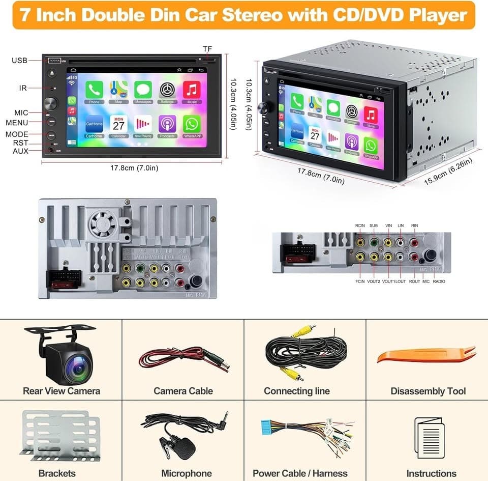 Double Din Car Stereo CD/DVD CarPlay Android Auto BT + Backup Cam - Thumbnail 9
