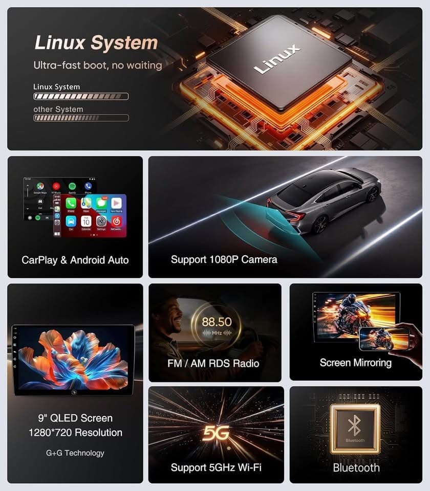 Toyota Corolla 2008-2013 QLED Car Stereo CarPlay Android Auto Linux - Thumbnail 8