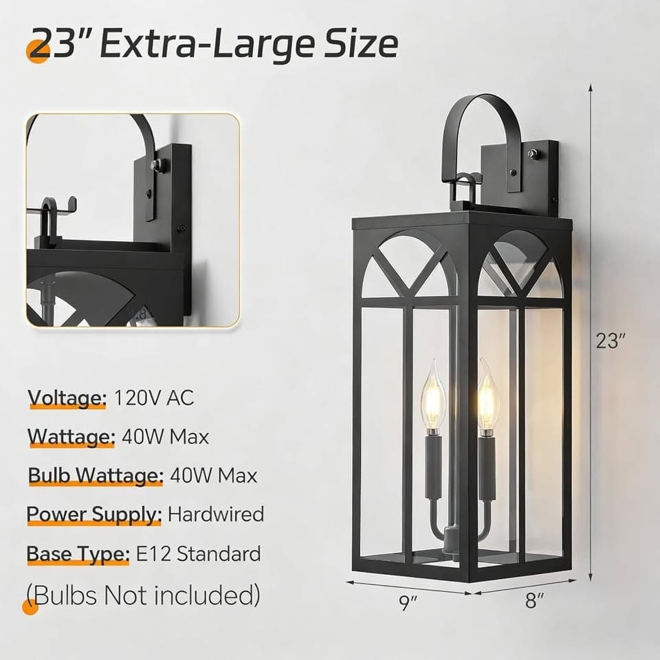 Outdoor Dusk to Dawn Wall Sconce Lights 23" Black 2-Pack Waterproof Lanterns - Thumbnail 8