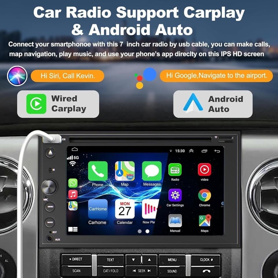 Double Din Car Stereo CD/DVD CarPlay Android Auto BT + Backup Cam - Thumbnail 6
