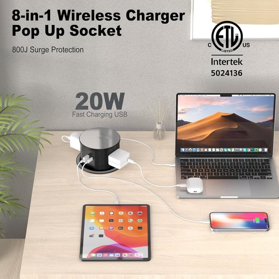 VILONG 4.75" Pop Up Countertop Outlet 15W Wireless 4AC 20W USB-C 800J Surge - Thumbnail 10