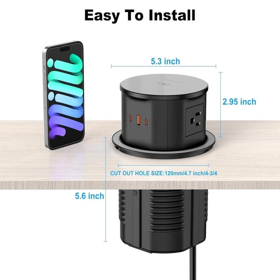 VILONG 4.75" Pop Up Countertop Outlet 15W Wireless 4AC 20W USB-C 800J Surge - Thumbnail 7