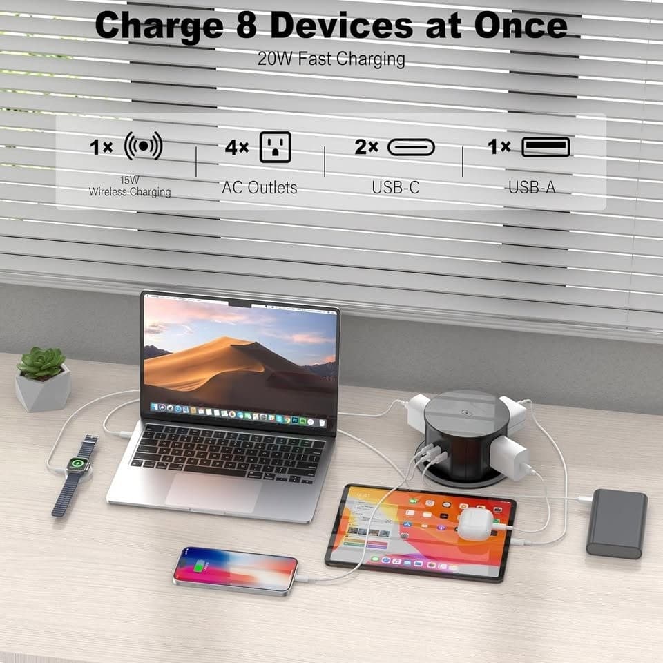 VILONG 4.75" Pop Up Countertop Outlet 15W Wireless 4AC 20W USB-C 800J Surge - Thumbnail 6