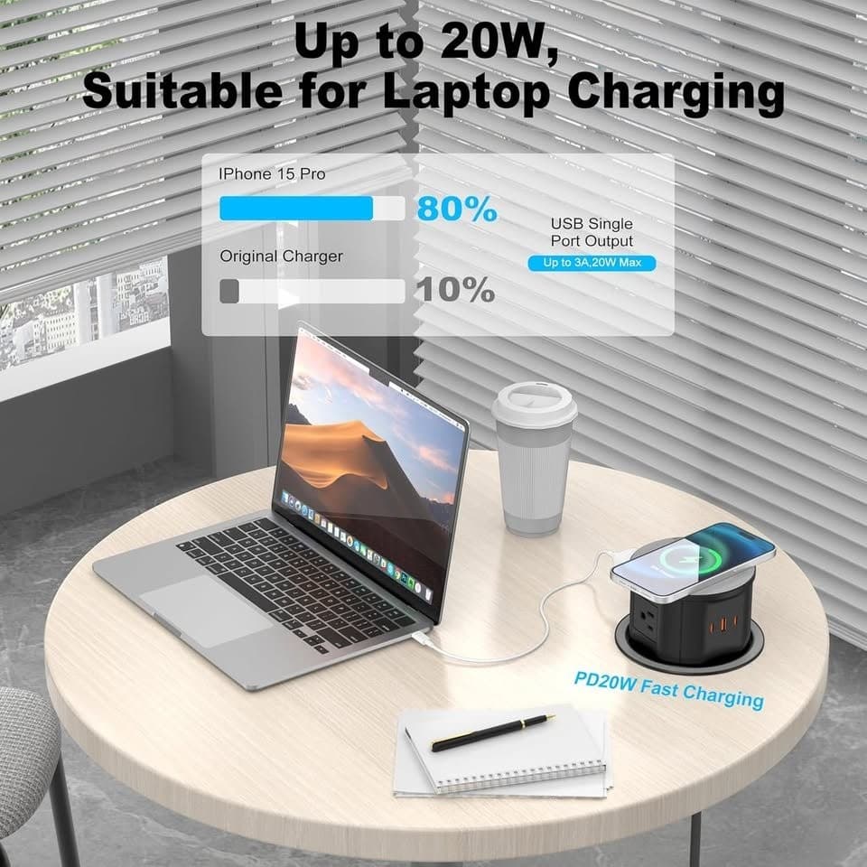 VILONG 4.75" Pop Up Countertop Outlet 15W Wireless 4AC 20W USB-C 800J Surge - Thumbnail 9