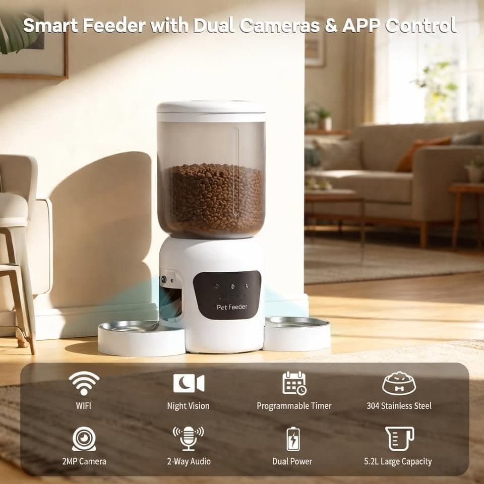 Automatic Cat Feeder Camera WiFi 5.2L Dual Bowls 2‐Way Audio APP Control - Thumbnail 4