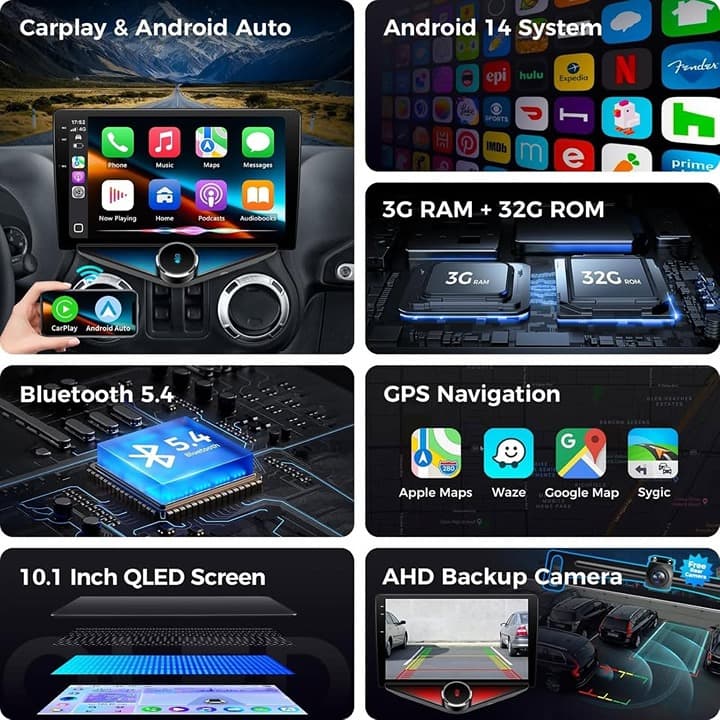 Kissound 10.1" Android 14 Car Stereo Jeep Wrangler JK CarPlay Cam - Thumbnail 7