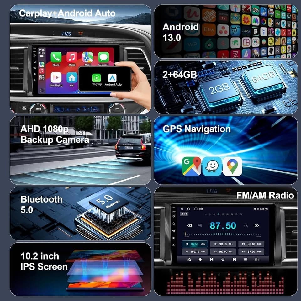 10.2" Android 13 Car Stereo for 2014-2019 Toyota Highlander, 64GB, CarPlay - Thumbnail 3