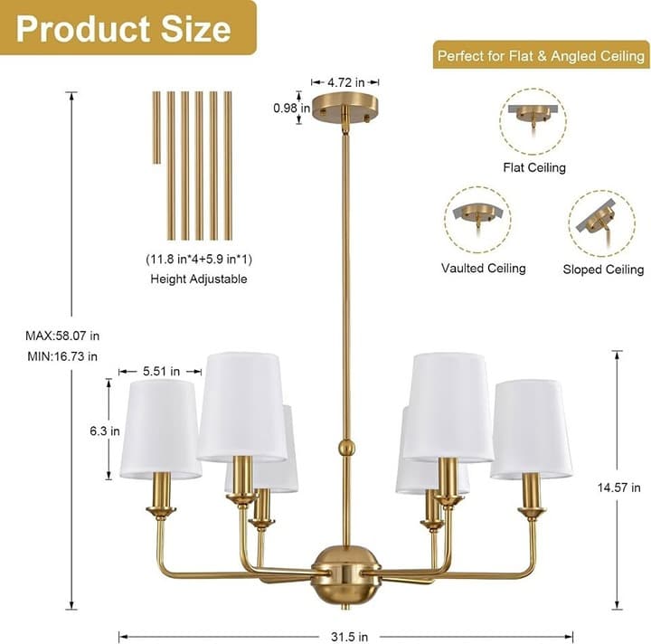 Derksic Brushed Gold 6-Light Chandelier with White Fabric Shades - Thumbnail 6