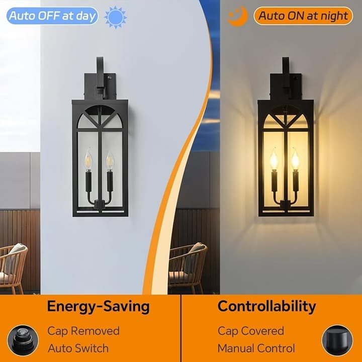 Outdoor Dusk to Dawn Wall Sconce Lights 23" Black 2-Pack Waterproof Lanterns Pat - Thumbnail 8