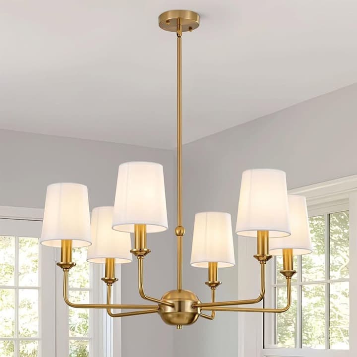 Derksic Brushed Gold 6-Light Chandelier with White Fabric Shades - Thumbnail 5