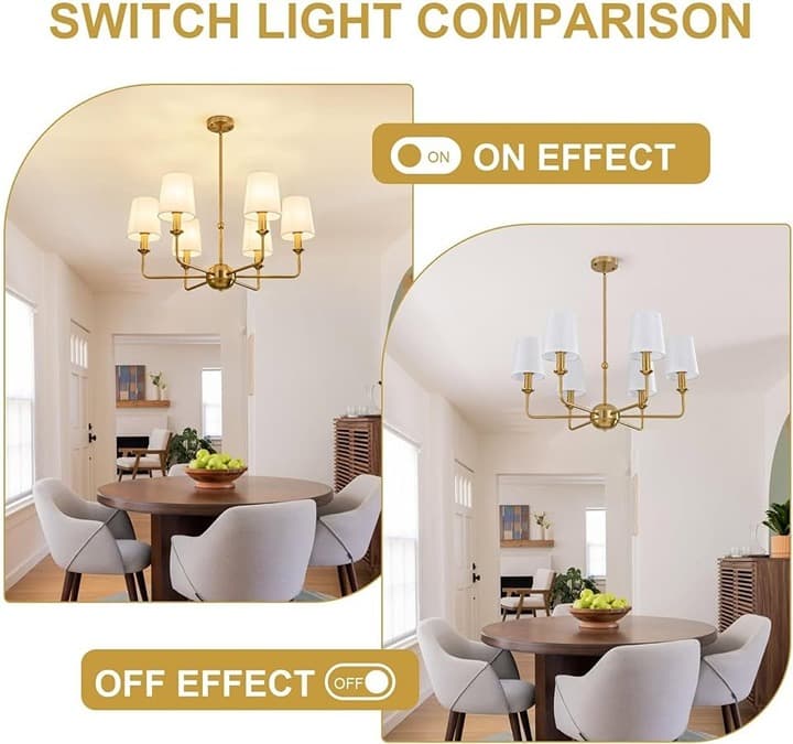 Derksic Brushed Gold 6-Light Chandelier with White Fabric Shades - Thumbnail 7