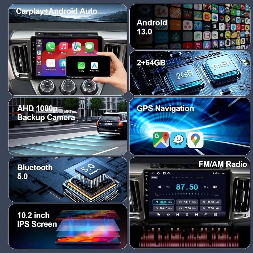 10.2" Android 13 RAV4 (2013-2018) Car Stereo Wireless CarPlay 64GB Camera - Thumbnail 4
