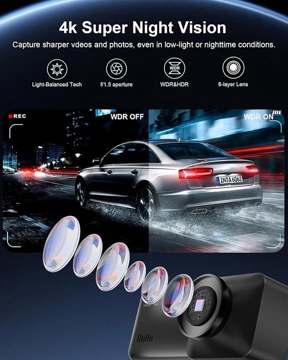 4K Dash Cam w/ WiFi GPS, 64GB Card & Charger - Mini, Night Vision - Thumbnail 5