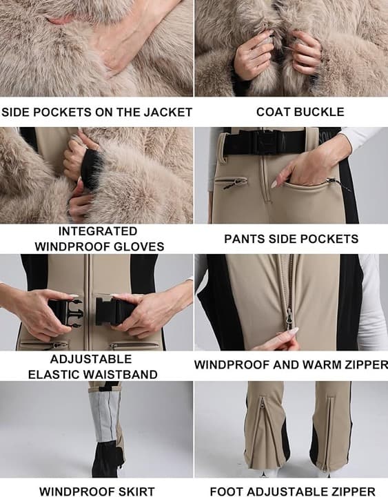 GSOU SNOW Women's Ski Suit, One Piece Snowsuit, Faux Fur Trim Waterproof - Thumbnail 5