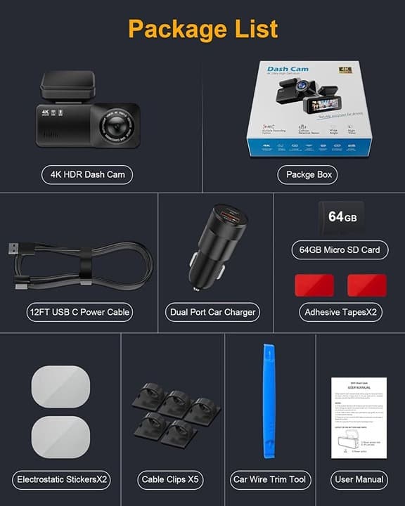 4K Dash Cam w/ WiFi GPS, 64GB Card & Charger - Mini, Night Vision - Thumbnail 8