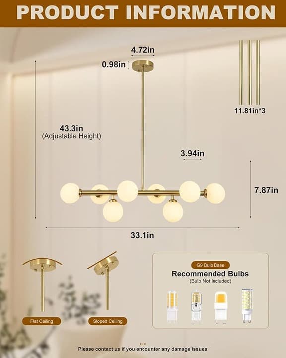 Ecoillumix 8-Light Gold Sputnik Chandelier, Mid Century Modern, Milk Glass Globe - Thumbnail 4