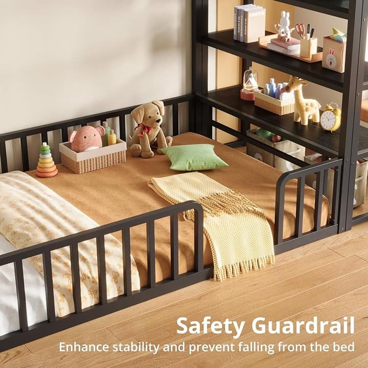 LIKIMIO Twin Floor House Bed Frame w/ Storage Shelves & Guardrails, Twin, Black - Thumbnail 3