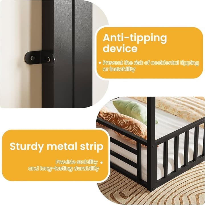LIKIMIO Twin Floor House Bed Frame w/ Storage Shelves & Guardrails, Twin, Black - Thumbnail 4