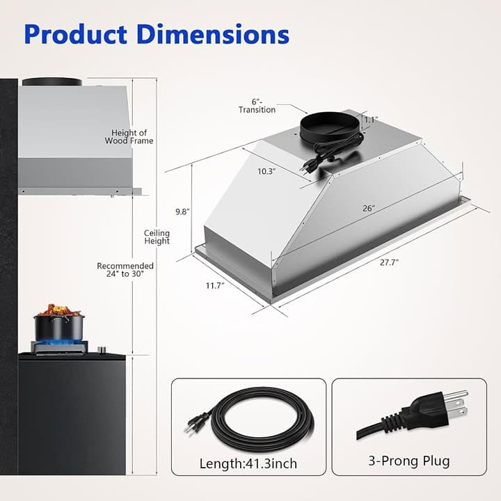 TAZPI Upgraded 30" Range Hood Insert 600 CFM Ducted/Ductless, LED - Thumbnail 6
