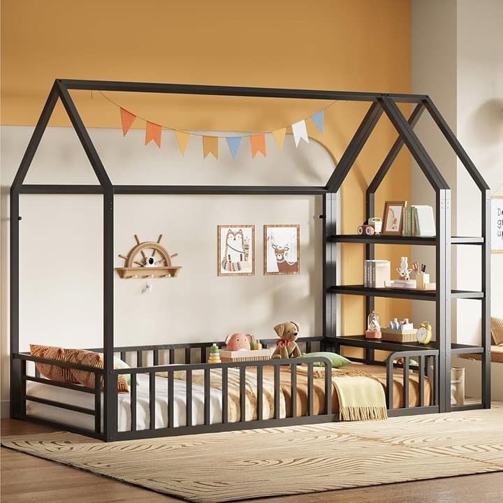 LIKIMIO Twin Floor House Bed Frame w/ Storage Shelves & Guardrails, Twin, Black - Thumbnail 6