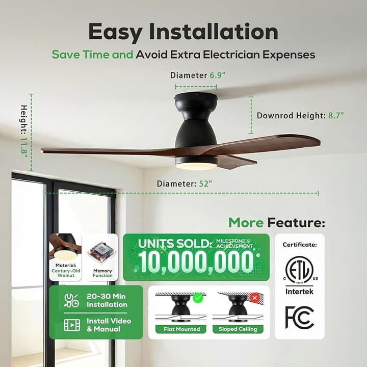 52" Smart Ceiling Fan w/ Light, Flush Mount DC, Alexa App Remote, 6‐Speed, Walnu - Thumbnail 6