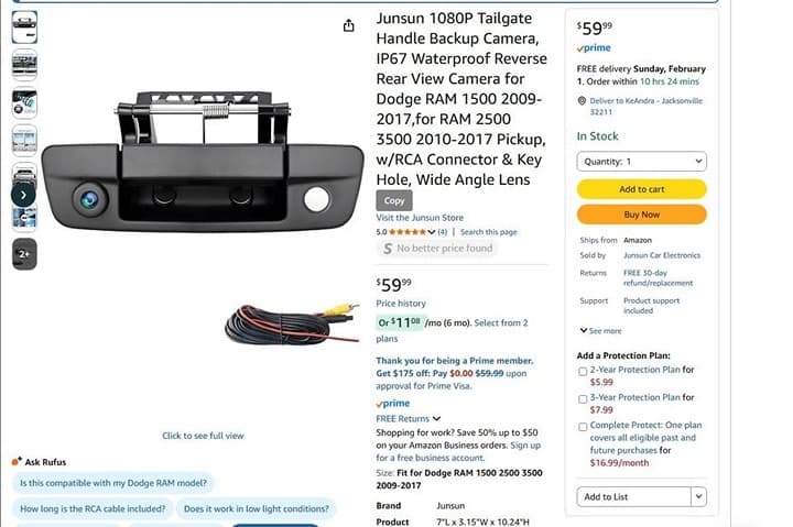 Junsun 1080P Tailgate Handle Backup Camera for Dodge RAM 1500 2500 3500 09‐17 - Thumbnail 10