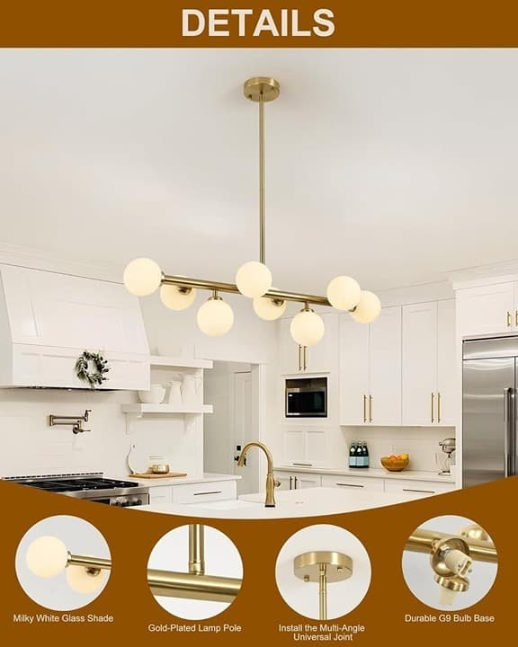 Ecoillumix 8-Light Gold Sputnik Chandelier, Mid Century Modern, Milk Glass Globe - Thumbnail 7