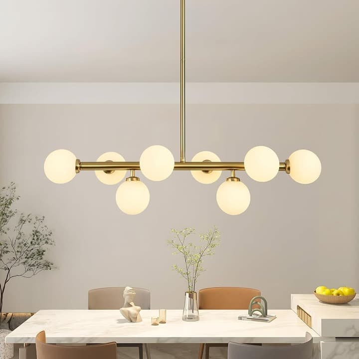 Ecoillumix 8-Light Gold Sputnik Chandelier, Mid Century Modern, Milk Glass Globe - Thumbnail 3