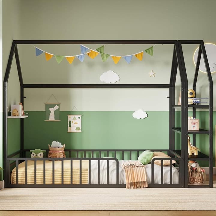 LIKIMIO Twin Floor House Bed Frame w/ Storage Shelves & Guardrails, Twin, Black - Thumbnail 2