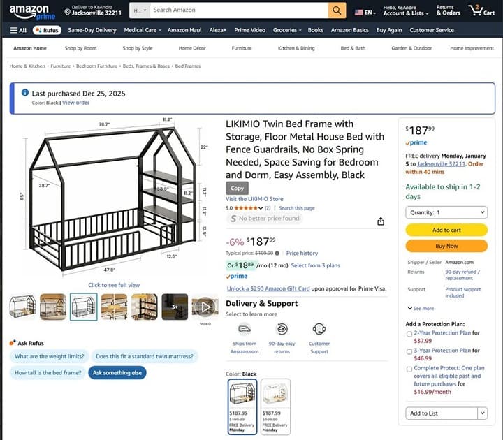 LIKIMIO Twin Floor House Bed Frame w/ Storage Shelves & Guardrails, Twin, Black - Thumbnail 7