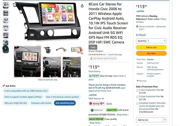 Wadpon 10.1" Android 13 Car Stereo for Honda Civic 2006–2011 CarPlay Android Aut - Thumbnail 10
