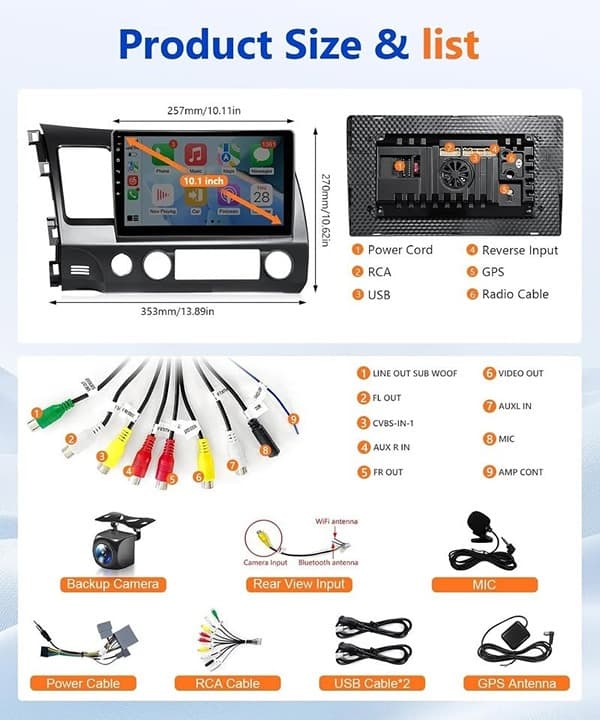 Wadpon 10.1" Android 13 Car Stereo for Honda Civic 2006–2011 CarPlay Android Aut - Thumbnail 7