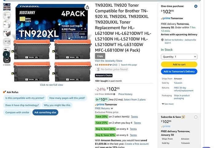 TN920XL TN920 Black Toner 4‐Pack for Brother HL‐L6210DW HL‐L5210DW MFC‐L6810DW - Thumbnail 10