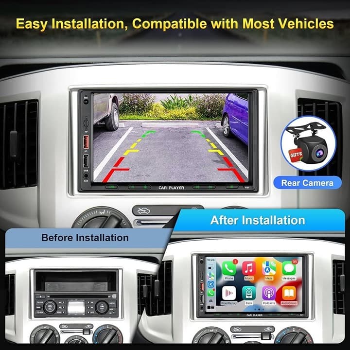 Wireless CarPlay Android Auto 7" Double Din Radio Bluetooth FM AM Subwoofer 1080 - Thumbnail 6