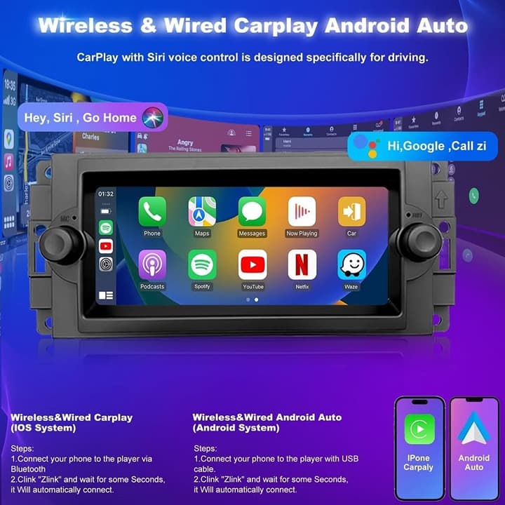 *6.8" 5G WiFi CarPlay Android Auto Radio for Dodge Ram 06-08 Jeep Grand 05-07 - Thumbnail 8