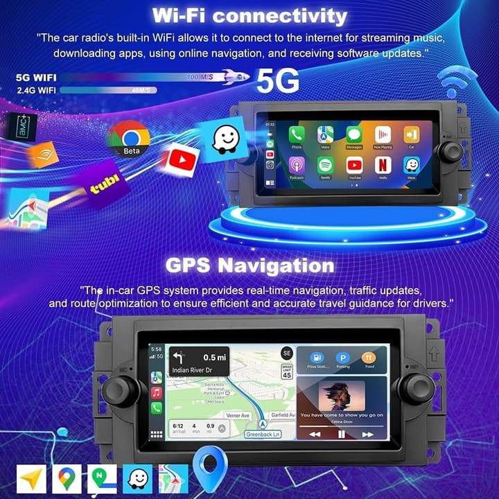 *6.8" 5G WiFi CarPlay Android Auto Radio for Dodge Ram 06-08 Jeep Grand 05-07 - Thumbnail 7