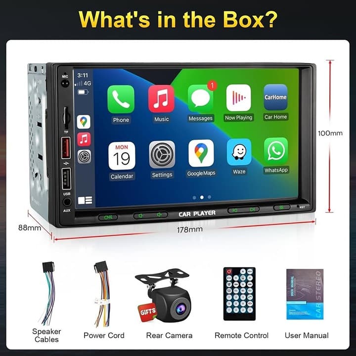 Wireless CarPlay Android Auto 7" Double Din Radio Bluetooth FM AM Subwoofer 1080 - Thumbnail 7