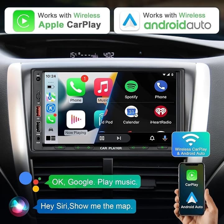 Wireless CarPlay Android Auto 7" Double Din Radio Bluetooth FM AM Subwoofer 1080 - Thumbnail 5