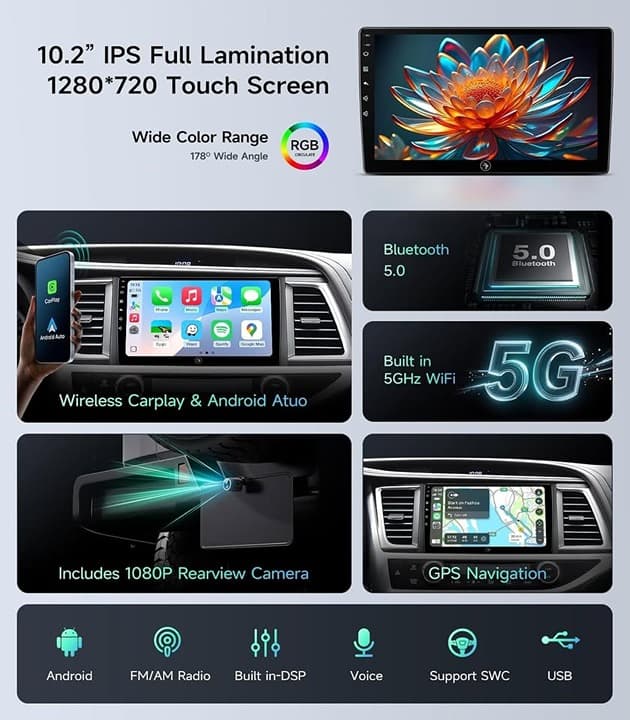 10.2" Car Stereo for Toyota Highlander 2014-2019 CarPlay Android Auto GPS BT 108 - Thumbnail 7
