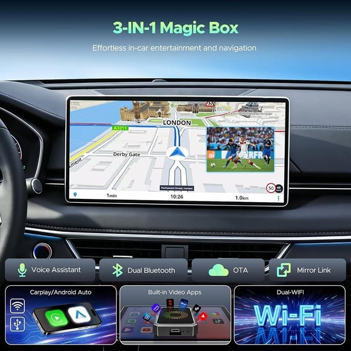 LAMTTO 3‐in‐1 Wireless CarPlay Android Auto AI Box Netflix YouTube TikTok WiFi U - Thumbnail 6