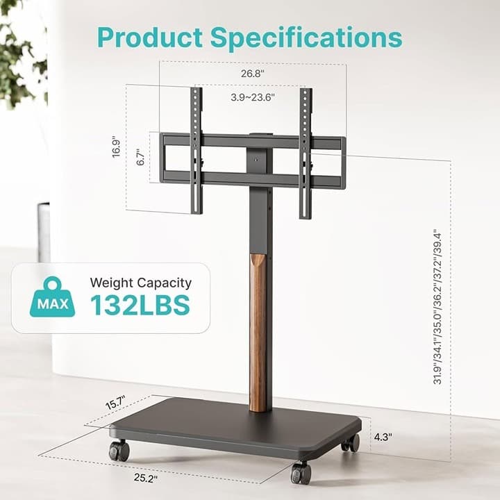 Pegzone Rolling TV Stand 32-85" LCD LED OLED, 132 Lbs, Swivel, Adjustable, Wood - Thumbnail 7