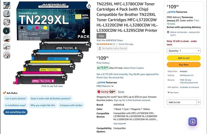 AHEWSUE TN229XL Toner 4‐Pack w/Chip for Brother MFC/HL Color Laser Printers - Thumbnail 10
