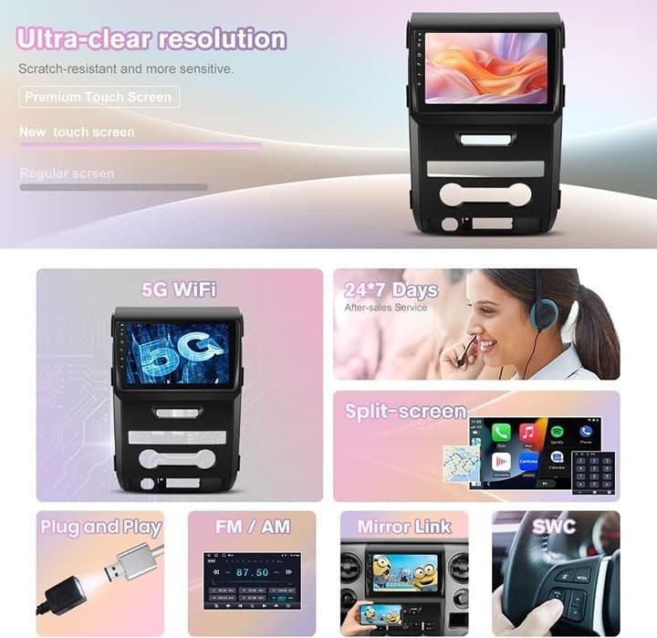 Junsun 9" Android Car Stereo for Ford F150 2009-2012, Wireless CarPlay, 32GB - Thumbnail 5