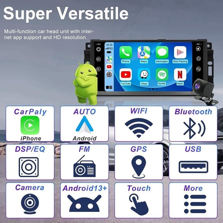 5G WiFi Car Radio Android 13 CarPlay GPS BT FM Camera for Chrysler Dodge Jeep 7" - Thumbnail 5