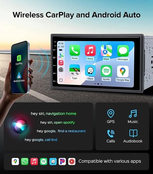 7" Double Din Car Stereo Wireless CarPlay Android Auto AHD Camera FM/AM GPS BT - Thumbnail 8