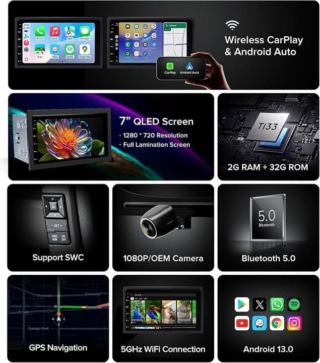 7" Double Din Car Stereo Wireless CarPlay Android Auto AHD Camera FM/AM GPS BT - Thumbnail 7