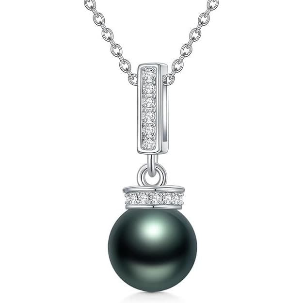 9-10mm Tahitian Pearl Necklace, Sterling Silver, Moissanite, 18+2" - Thumbnail 3