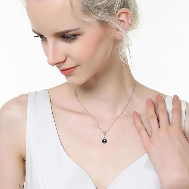 9-10mm Tahitian Pearl Necklace, Sterling Silver, Moissanite, 18+2" - Thumbnail 7