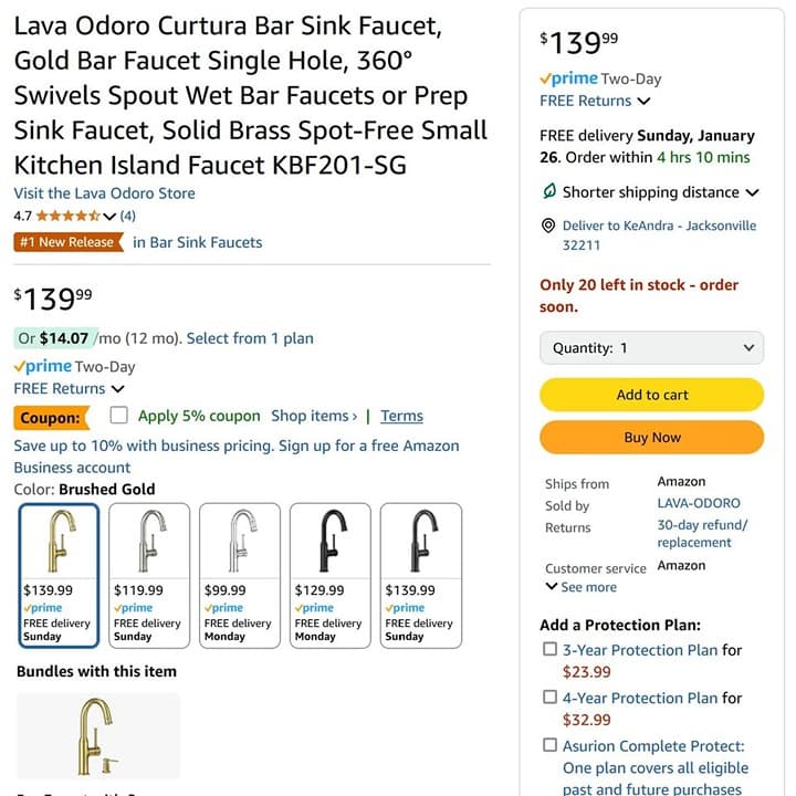 Lava Odoro Gold Bar Sink Faucet KBF201-SG - Thumbnail 3
