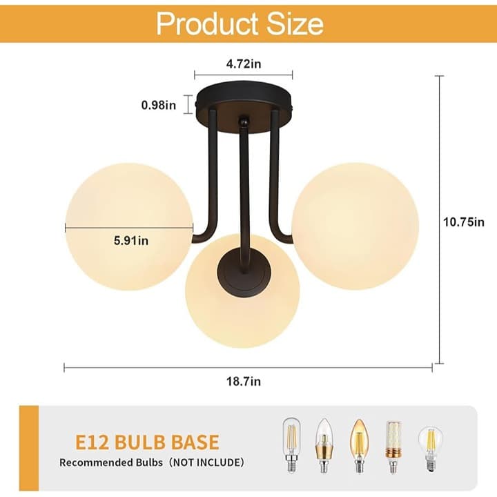 3-Light Black Sputnik Chandelier with Globe Glass Shades - Thumbnail 4